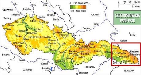 Mapa meziváleného eskoslovenska s vyznaením Podkarpatské Rusi na východ