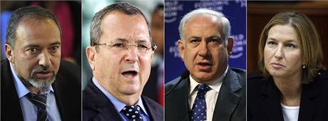 Hlavní favorité voleb: (zleva) Avigdor Lieberman, Ehud Barak, Benjamin Netanjahu a Cipi Livniová