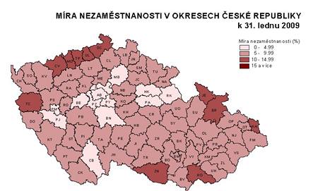 Mapa ukazujc vvoj nezamstnanosti v regionech R v lednu 2009.