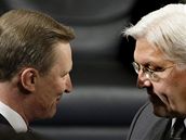Nmeck ministr zahrani Steinmeir (vpravo) s ruskm vicepremirem Ivanovem si povdaj na Mnichovsk bezpenostn konferenci.
