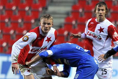 Slavia - Plze: (zleva) Trapp, Horváth a Hoek