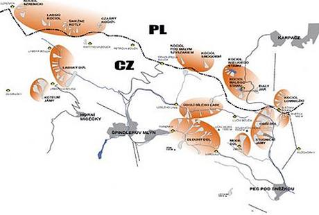 Mapa lavinovho nebezpe v Krkonoch ze 3. bezna 2009
