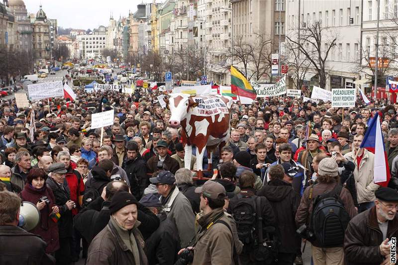 Protest zemdlc na Václavském námstí v Praze (12. bezna 2009)