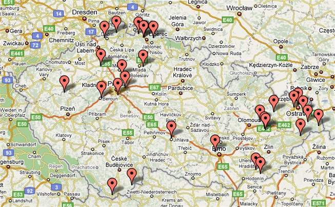 Mapka republiky s vyznaenými místy nejzajímavjích tras pro vycházky se psem.