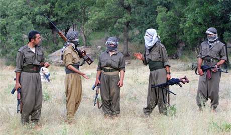 Bojovnci Strany kurdskch pracujcch na cvien v severnm Irku nedaleko tureckch hranic v ervnu 2008.
