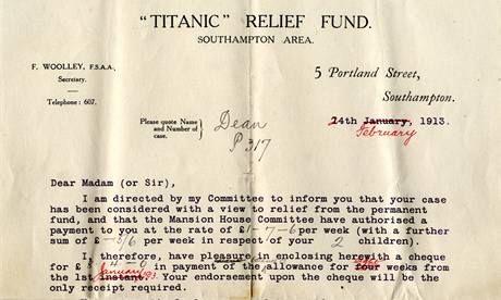 Dopis, kter obdrela matka Millviny Deanov od fondu na pomoc peivm cestujcm Titaniku. 