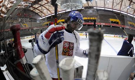 Jaromr Jgr si vybr ped trninkem v Bernu hokejku.