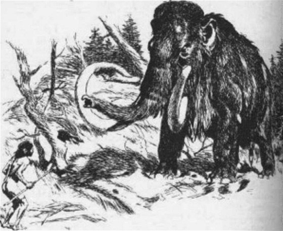 Takto si boj pravkých lovc s mamutem pedstavoval malí a ilustrátor Zdenk Burian.