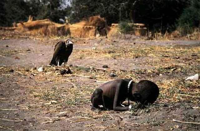 Kevin Carter: Africké dvátko umírá hlady, zatímco za ním eká na svoji pítí dávku sup. 