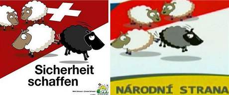Vlevo propaganí materiál výcarské SVP, vpravo eské NS.