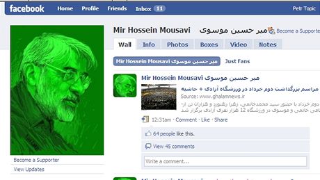 Stránka Míry Hosejna Músávího, která má více ne 5 tisíc fanouk.