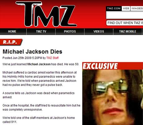 Zpravodajstv portlu TMZ.com o mrt Michaela Jacksona