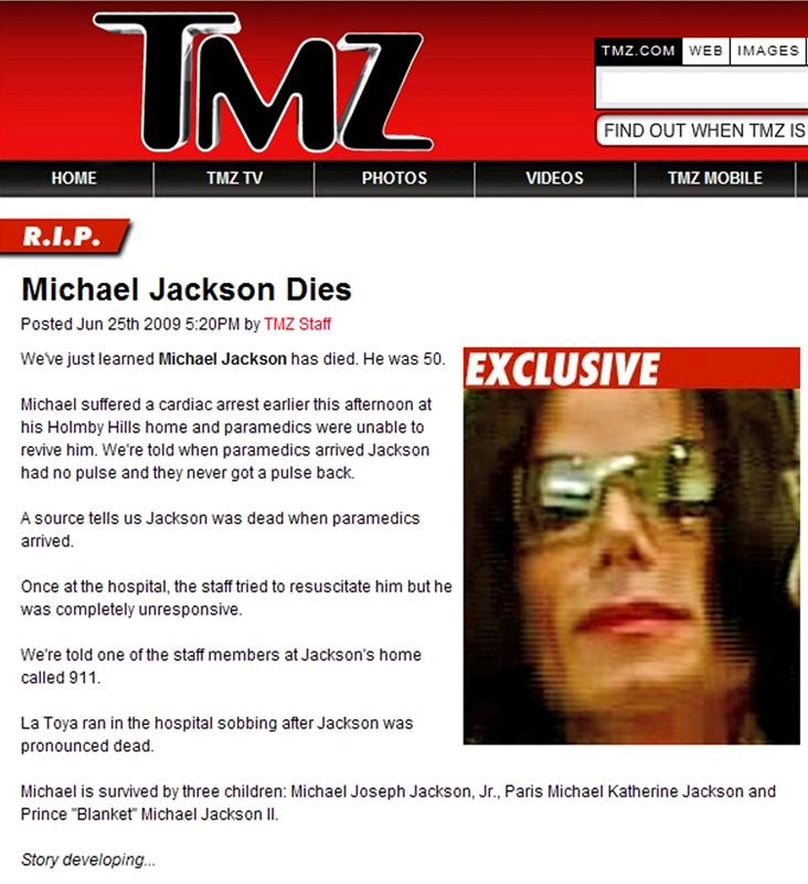 Zpravodajstv portlu TMZ.com o mrt Michaela Jacksona