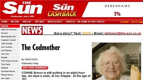 Connie Brownová na internetových stránkách deníku The Sun