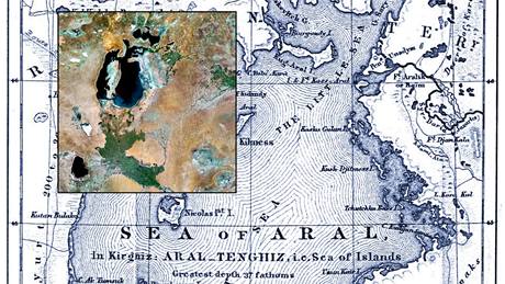 Aralské jezero na historické map z roku 1848 a na satelitním snímku dnes