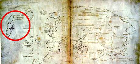 Vinlandská mapa z poloviny 15. století zejm ukazuje kanadský ostrov Newfoundland (oznaený detail)