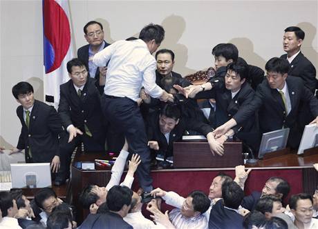 Pi projednvn reformnch zkon se v jihokorejskm parlamentu strhla bitka (22. ervence 2009)