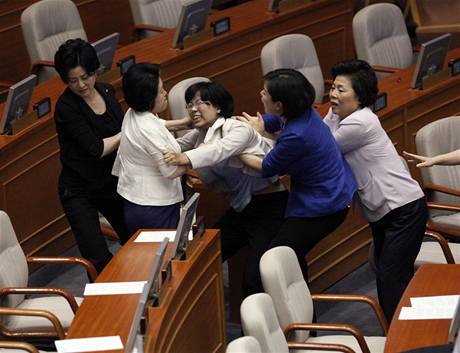 Do rvaky v jihokorejskm parlamentu se zapojily i eny (22. ervence 2009)