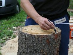 3/ Na prezu kulatiny si vyznate horn konec oprky a od jejch pomyslnch okraj si pak lehce naikmo vyznate, kudy povedete ez dol, k hornmu okraji sedtka