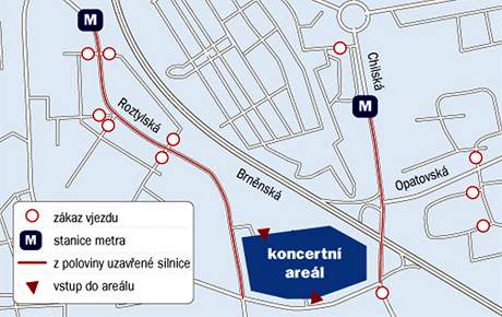 Mapa okol koncertu Madonny na praskm Chodov