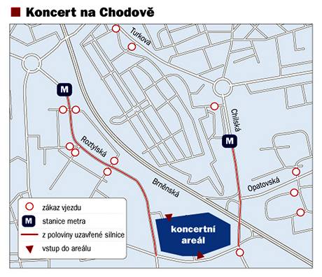 Mapa okol koncertu Madonny na praskm Chodov