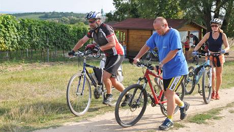 Cyklisté u vininí trati Staré vinice u obce Havraníky