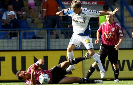 Liberec - eské Budjovice: domácí Vácha (v bílém) bojuje o mí