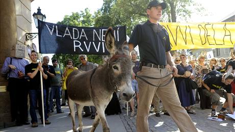 Vdci a jejich píznivci si na demonstraci pi píleitosti diskuse o budoucnosti eské vdy pivedli i ivého osla. (31. srpna 2009)