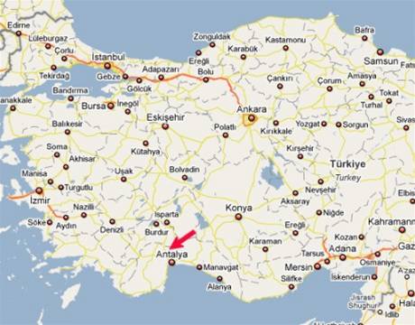 mapa - nehoda autobusu Firo Tour v Turecku