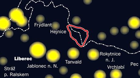 Mapa znázoruje místo, kde bude unikátní rezervace tmy.