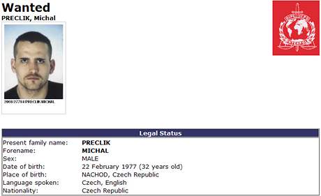Stránka Interpolu s hledaným Michalem Preclikem (21. íjna 2009)