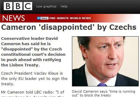 Reakce Davida Camerona na rozhodnutí eského Ústavního soudu, e Lisabonská smlouva není v rozporu s Ústavou R. (3. listopadu 2009)