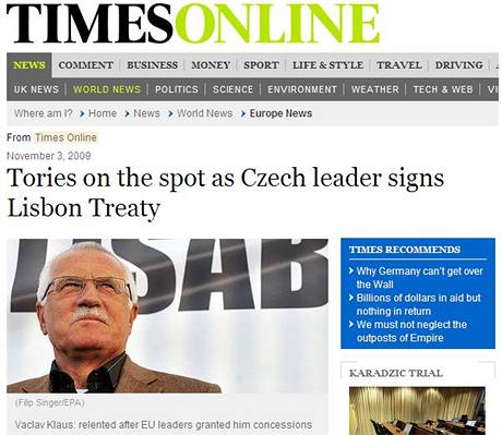 Zprva o podpisu prezidenta Klause v britskch Timesech (3. listopadu 2009)