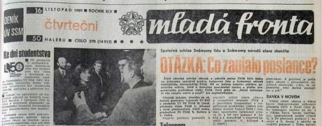 Titulní strana Mladé Fronty ze tvrtka 16. listopadu 1989
