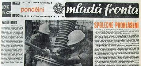 Titulní strana Mladé Fronty z pondlí 20. listopadu 1989