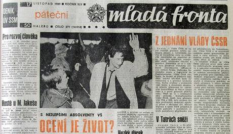 Titulní strana Mladé Fronty z pátku 17. listopadu 1989