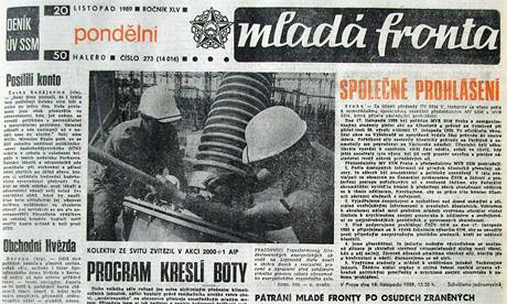 Titulní strana Mladé Fronty z pondlí 20. listopadu 1989