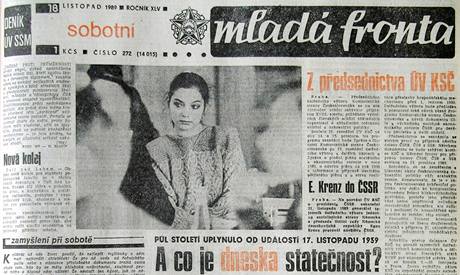 Titulní strana Mladé Fronty ze soboty 18. listopadu 1989
