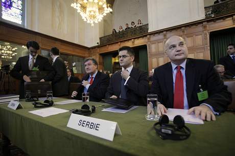Srbská delegace pi projednávání legality kosovské nezávislosti v Haagu
