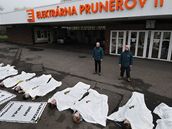 Tinct aktivist ekologick organizace Greenpeace zakrytch prostradly ulehlo 3. prosince dopoledne na 20 minut ped vchod Elektrrny Prunov.  (3.12.2009)