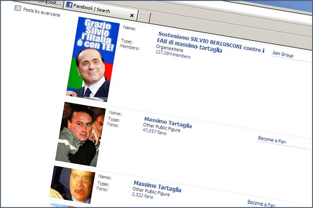 Útok na Berlusconiho eí i lidé na Facebooku. (14. prosince 2009)