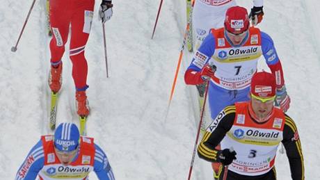 Luká Bauer (íslo 7) v pelotonu závodník bhem podniku Tour de Ski v nmeckém Oberhofu