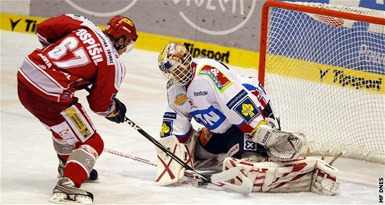 Pardubice - Tinec: hostující Tomá Pospíil zakonuje ped Dominikem Hakem