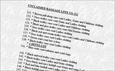 Seznam zavazadel na internetovch strnkch britsk aukn sn Greasbys. 