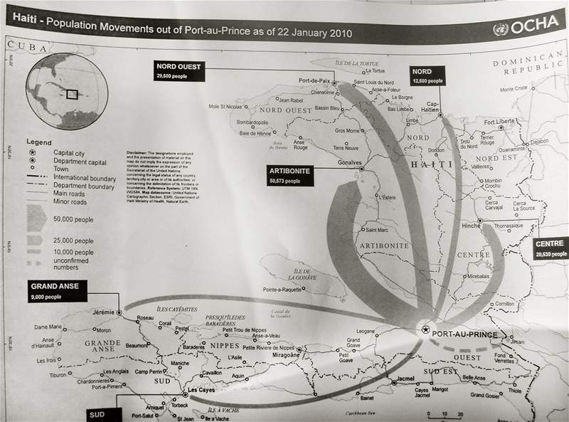 Mapa ukazující pohyb obyvatel bez domova na území Haiti.