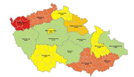 Mapa zobrazujc pomr mezi bodovanmi a registrovanmi idii podle kraj k 30. prosinci 2009.