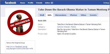 Skupina na Facebooku nazvan "Odstrate sochu Baracka Obamy v Taman Menteng parku"