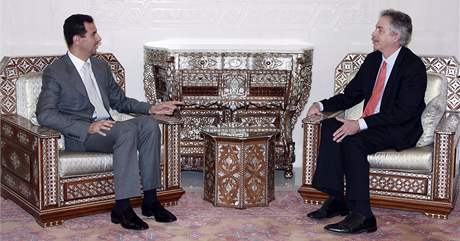 Syrský prezident Baár Assad s námstkem americké ministryn zahranií Williamem Burnsem (17. února 2010)