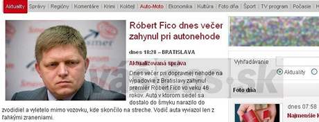 Zpráva o údajné smrti slovenského premiéra Roberta Fica na webu napodobujícím server Aktualne.sk.