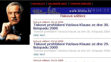 Webové stránky Václava Klause v roce 2000
